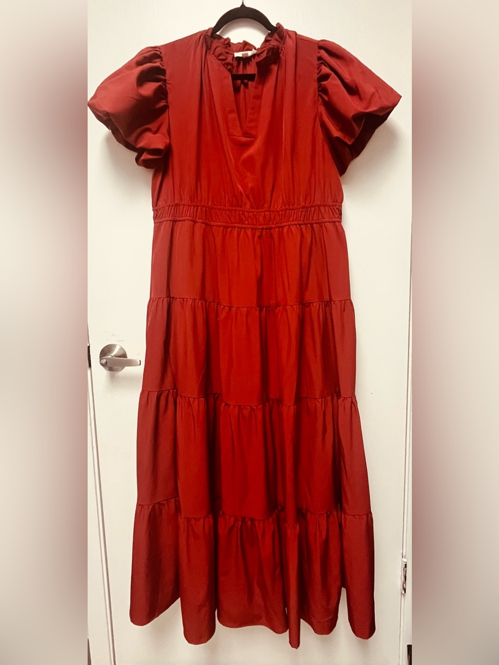 entro Brick Red Tiered Maxi Dress with Puff Sleeves